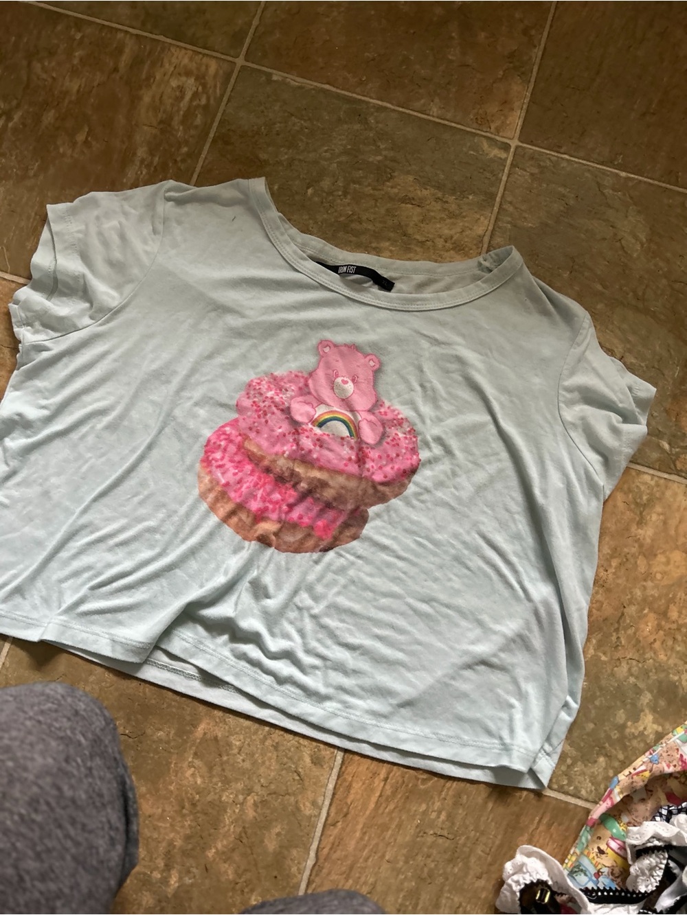Iron Fist Light Blue Graphic Tee with Pink Care Bear Cupcake